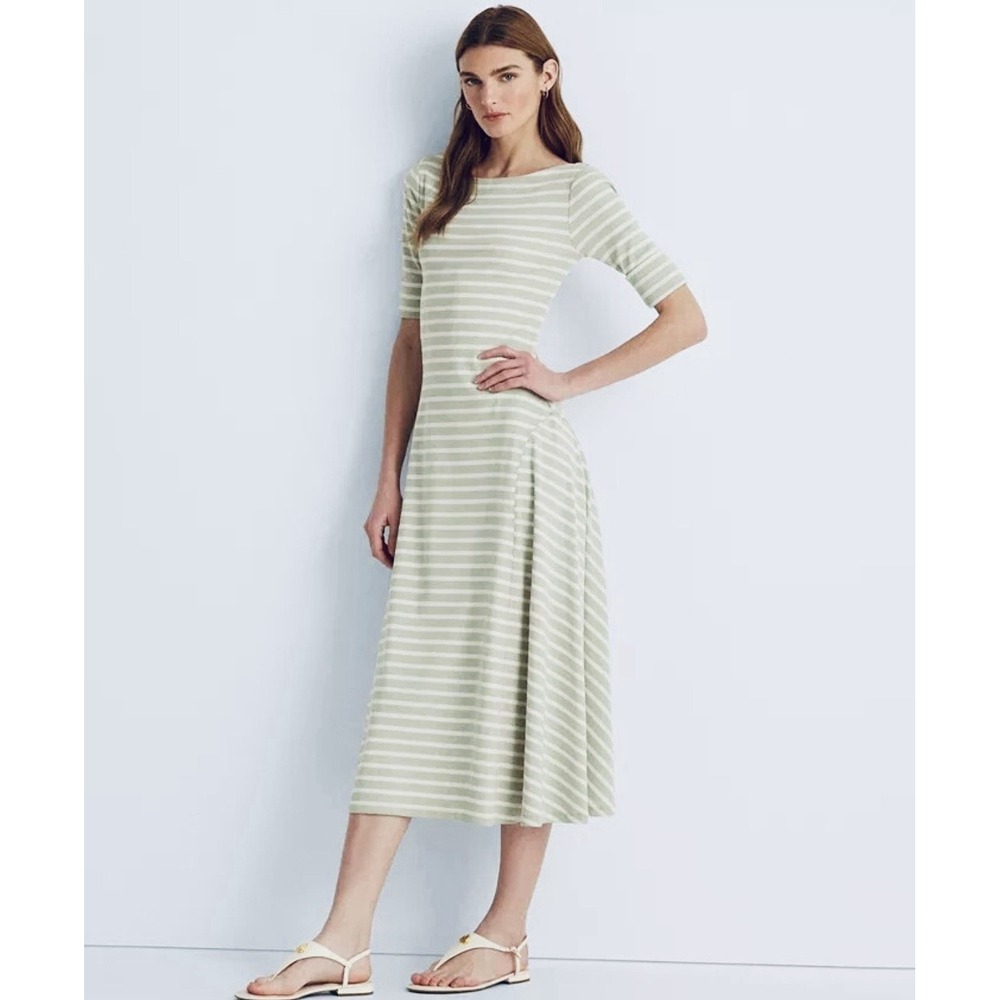 Ralph Lauren Knit Midi Dress Medium Green Striped Fit Flare Stretch Preppy